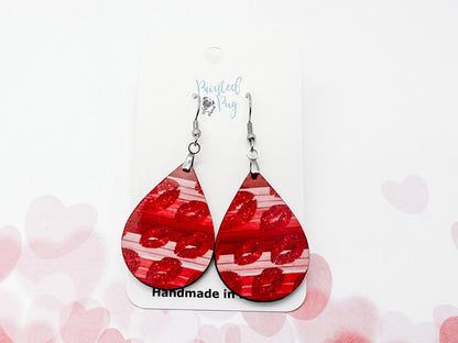 Valentines Day Glittered Lips Teardrop Earrings