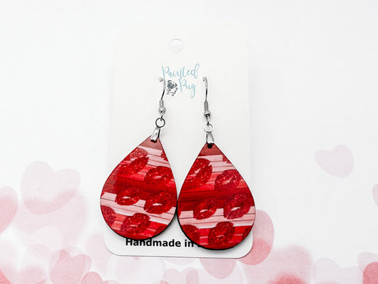 Valentines Day Glittered Lips Teardrop Earrings
