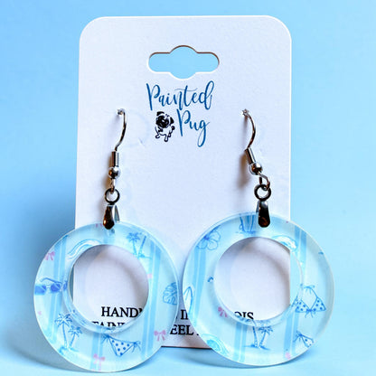 Blue Beach Day Circle Dangle Earrings – Acrylic Coastal Print Earrings