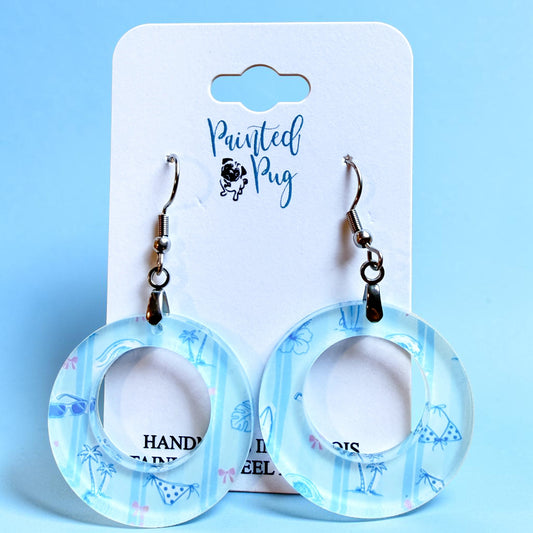Blue Beach Day Circle Dangle Earrings – Acrylic Coastal Print Earrings