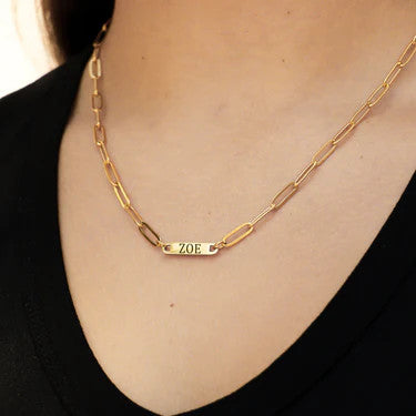 Personalized Paperclip Chain Necklace with Engraved Bar - Custom Name, Initials, or Date