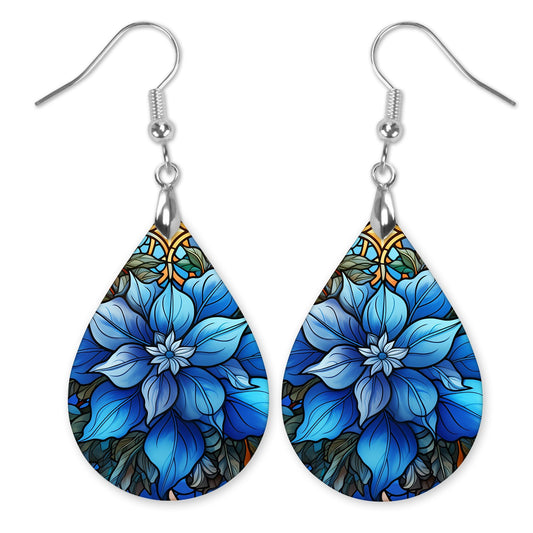 Blue Poinsettia Floral Teardrop Earrings
