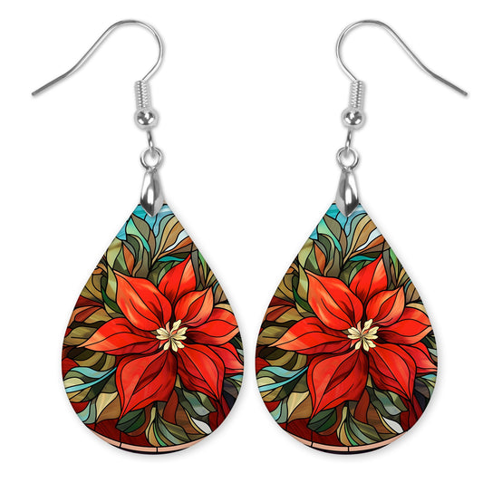 Red Poinsettia Floral Teardrop Earrings