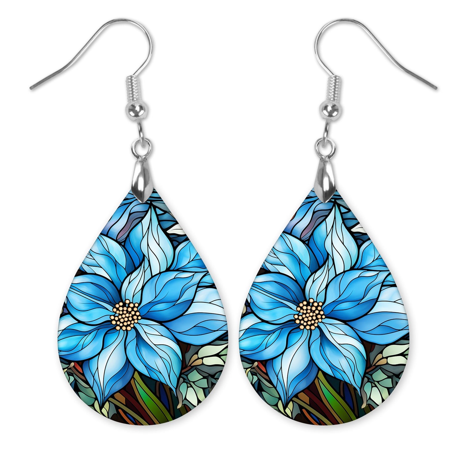 Light Blue Poinsettia Floral Teardrop Earrings